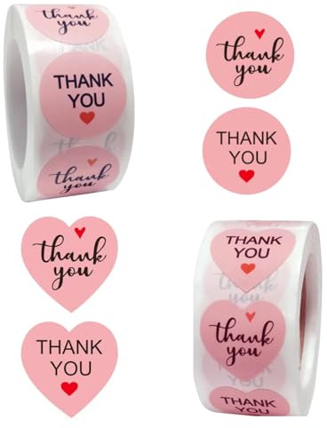 1000pcs Pink Thank You Stickers 2 Rolls – Round & Heart, Self-Adhesive for Gifts & Packaging