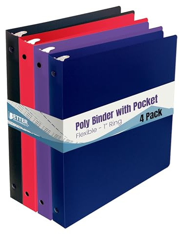 Better Office Products Flexible 3 Ring Poly Binder with Pocket, 1 Inch, Letter Size, 4 Pack-Red, Blue, Purple, and Black