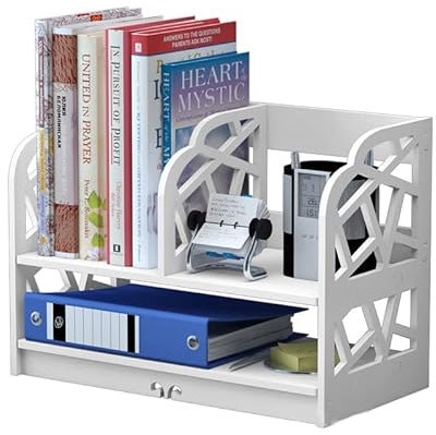 Wood Desk Storage Shelf White Bookcase, 2 Tier Small Bookshelf Desktop Display Storage Organiser Rack Shelves Stand Counter Top Multi-use Bookcase for Home Kitchen Office ，3 compartments/42✕22✕30cm