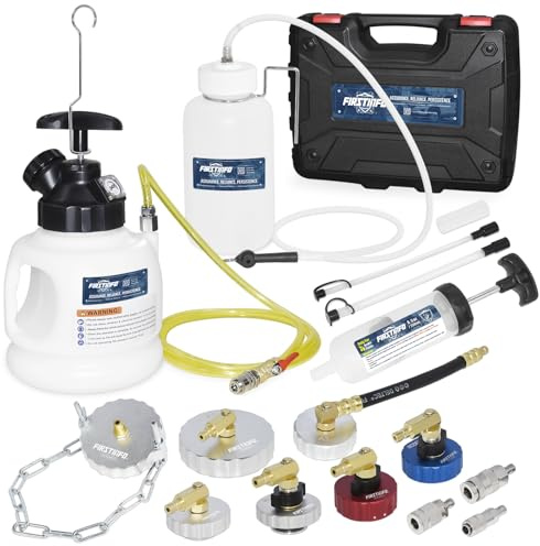 FIRSTINFO A1163HK | Kit purgador de Frenos Manual 3 L con 7 adaptadores metálicos, Botella colectora, Bomba extractora y 3 Tipos de Conectores