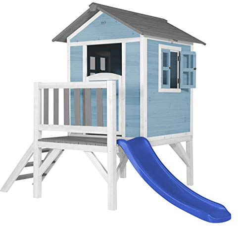 AXI Beach Lodge XL Casetta blu con scivolo blu | Casa per bambini su palafitte con veranda in legno FSC | Parco giochi per il giardino.