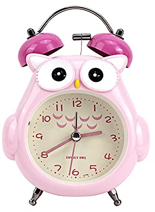 Quniko Cute Owl Twin-Bell Alarm Clock with Night Light Non-Ticking Battery Operated Desk Clock for Bedroom, Pink
