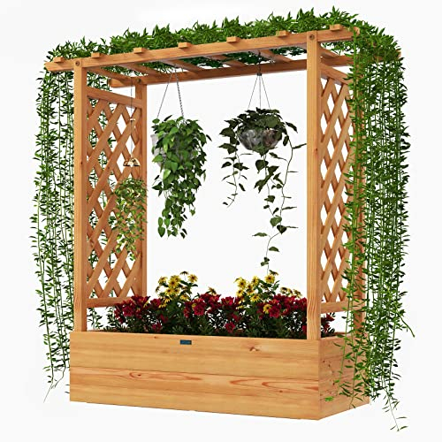 GOPLUS Hochbeet mit Rankgitter, Blumenkasten mit hängendem Dach & Ablauflöchern, Pflanzkasten Rankhilfe Pflanzkübel für Garten, Terrasse, Hof (Orange, 100 x 44 x 113,5 cm)
