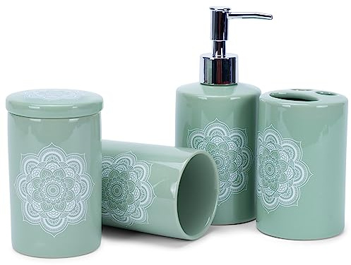 NAT & Jules Chic Modern Rounded 4.5 inch Ceramic Bathroom Accessories Set of 4 - Home Décor & Organization Perfect for Bath or Kitchen Household Essentials, Mandala Sage Green