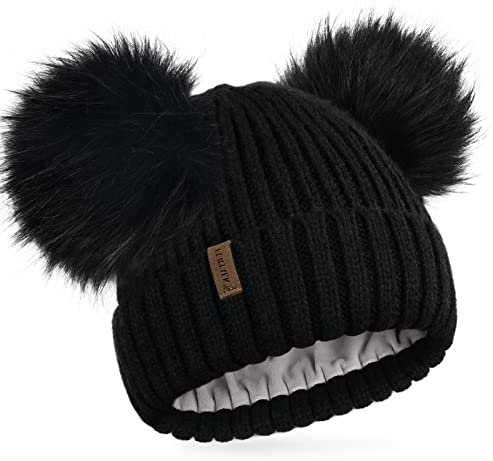 FURTALK Damen Fleece gefütterte niedliche Beanie Wintermütze warme Strickmütze mit doppelten Kunstpelz Bommeln