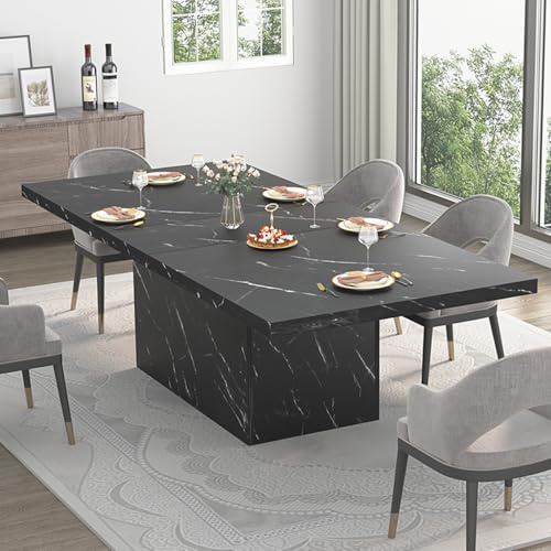 HSH Black Dining Table for 6-8, Rectangle Modern Faux Marble Dinner Table, Large Dining Room Table for Kitchen Living Room, Industrial Wood Kitchen Tables only with Sturdy Base, Black, 180 cm