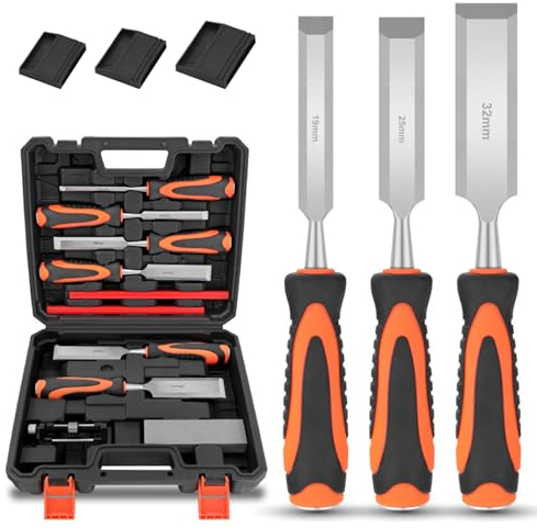 Ziyero Stechbeitel Set für Holz 10tlg. inkl. Tasche Halteklemmen Abziehsteine - Scharfes Stecheisen Set (6,12,18,24,32,38mm) - Profi Beitel Satz mit 25°Keilwinkel inkl. robuster Metall-Schlagkappe