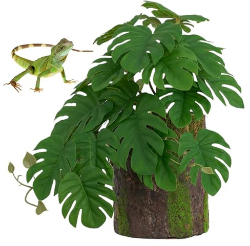 Terrariumväxter, reptilväxter falska monstera växt med trädstubbdekor konstgjorda montera växter terrarium växter amfibiska livsmiljö gömställe reptil tank tillbehör