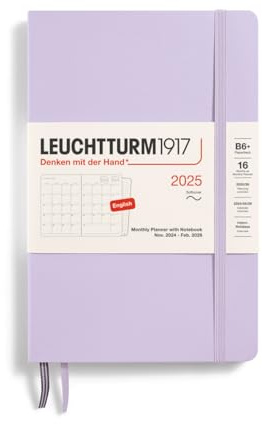 LEUCHTTURM1917 370803 - Agenda mensual y cuaderno 2025, Paperback B6+ tapa blanda, 16 meses, a rayas, color morado y inglés