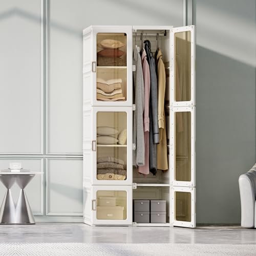 KEFSR Armario portátil con puerta transparente, armario de plástico para dormitorio, organizador de ropa plegable con almacenamiento para cubos, montaje rápido, armario de 6 celosías, para dormitorio
