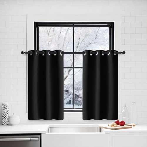 PONY DANCE Short Blackout Eyelet Curtains, Black, 2 Panels, W29 x L36 Inch | Thermal Curtains 36 Inch Drop for Caravan & Kitchen with Room Darkening, Privacy Protection & Noise Reduction