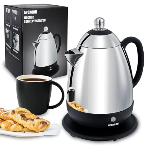 APOXCON Elektrische Kaffeemaschine Edelstahl -CE-Kennzeichnung, Mit Sicht-Knopf, tropffreier Ausguss, schnurlos (10 Tassen)