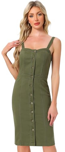Allegra K Vestido Vaquero Casual para Mujer con Botones sin Mangas | con Escote Corazón, Elásticos de Mezclilla