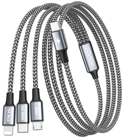 RAVIAD 100W USB-C till Multi-USB-kabel [3M] 3-i-1-laddningskabel med E-Mark-chip Snabbladdningskabel USB-C till USB-C[100W]+Micro [10W]+Lightning[27W] för iPhone 17, Galaxy S25, MacBook Pro/Air, iPad