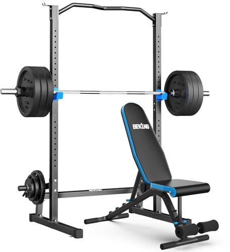 BEKING Squat Rack with Weight Bench,All-in-ONE Power Rack Cage with Pull Up Bar,Adjustable Power Cage with Barbell Rack & Weight Plate Storage,Strength Training Workout Station for Home Gym Fitness