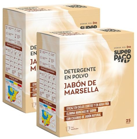 Super Paco Detergente en Polvo Jabón de Marsella, 50 Lavados, Pack de 2 Unidades, 1,625 kg cada una