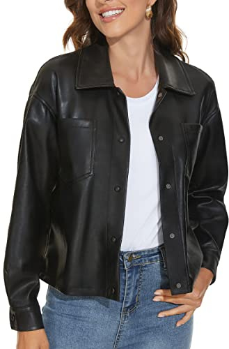 Fahsyee Black Faux Leather Jackets for Women Zip Up Motorcycle Short PU Moto Biker Outwear Fitted Slim Coat Size L