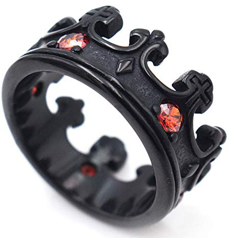 LAFATINA Men's Royal King Crown Ring Unisex Stainless Steel Black Cross and Crown Knight Bands Domineering Ring, Size 12
