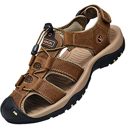 Sandaler för män, i läder, vandringssandaler, utomhusskor för sommar, andas, storlek 38–48, BRUN, 40 EU