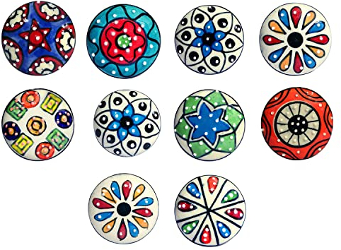 Set von 10 Keramikknöpfen mit verschiedenen Mosaik-Designs, handbemalt. Handgefertigte Griffe für Schränke, Schubladen, Kommoden und Kleiderbügel. Klassische Knöpfe mit 40 mm Durchmesser.