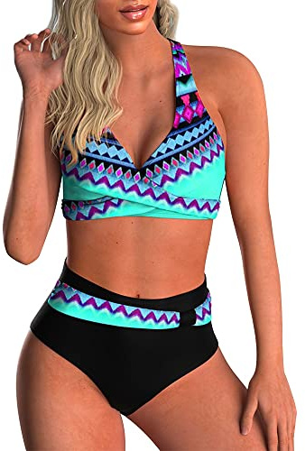 Yutdeng Trajes de Baño Mujer 2 Piezas Conjuntos de Bikini Push Up Cruzados Bañadores Estampado Tribal Cintura Alta Swimwear sin Espalda Braguita de Biquini Fruncido,Azul,M