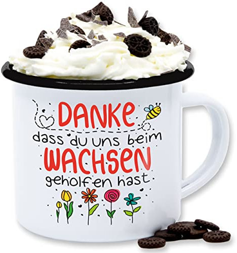 Emaille Tasse Blechtasse - Erzieherin Tassen - Danke dass du uns beim Wachsen geholfen hast - Abschiedsgeschenk Kindergarten Erzieher Tagesmutter - 300 ml - Weiß Schwarz - erzieherinnen mir