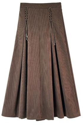 TatbUL Falda Plisada De Pana Marrón para Mujer Falda Midi Fruncida con Cordón Elegante, Falda Vintage De Línea A Falda Elástica De Cintura Alta Falda Larga Y Cálida De Moda para Damas Y Niñas, XL