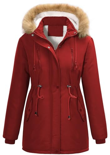 FemiChic Mujer Invierno Chaqueta Parka Abrigo Forro Polar Viento Termica Gruesa Cordón Capucha Desmontable Faux Fur Caliente Cazadora Cálido Prueba Frio Chamarra Casaco Con Bolsillos(Vino Tinto,M)