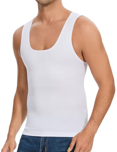 ONEW Shapewear T-shirt de compression pour homme Maillot de corps gainant sans manches Débardeur ventre plat Body Shaper Blanc 2XL