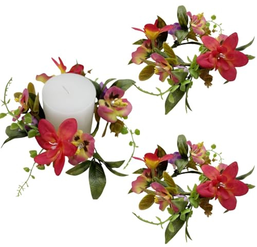 2 Pack Artificial Summer Wild Flower Wreath Eucalyptus Candle Rings Greenery Leaves Wreaths Small Boho Wreath Pillar Candle Holder for Wedding Home Front Door Tabletop Decoration (Multicolor)