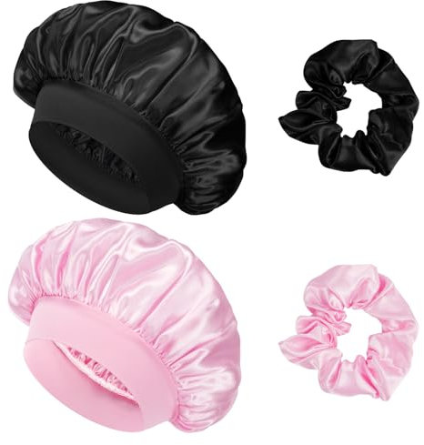 Flintronic 2 Piezas Capó de Satén de Seda, Gorro de Seda para Dormir con Banda Ancha Elástica, Gorro Ducha Mujer, Gorro de Saten para Dormir Pelo Rizado Mujeres y Chicas, Negro+Rosa