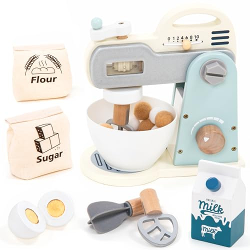 UMU® Mixer Kit de jeu en bois avec bol mélangeur, fouet, ingrédients et plus encore, ensemble de mixeur de cuisine pour enfants, 10 pièces, accessoires de cuisine pour petits chefs à partir de 3, 4, 5