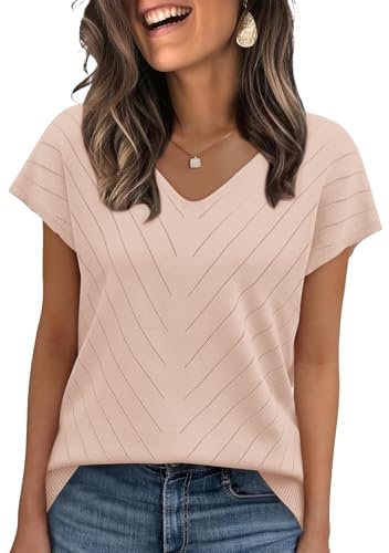 WIHOLL Summer Tops for Women 2026 Trendy Casual V Neck T Shirts Short Sleeve Sweater Lightweight Spring Fashion Business Work Teacher Travel Outfits Beach Fashion Vacation Clothes Apricot XL