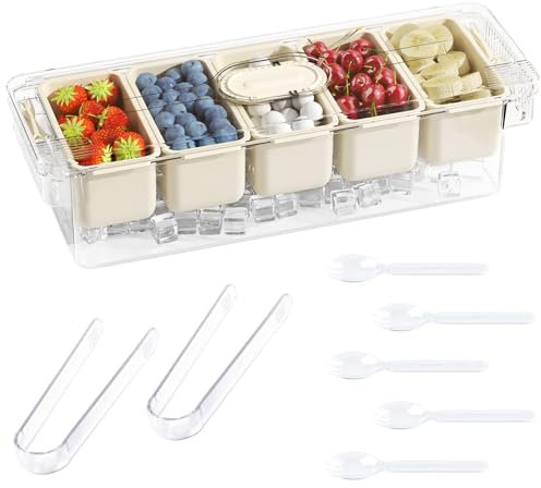 Fangoo Ghiaccio Raffreddato Condimento con Coperchio e 5 Scompartimenti Rimovibili 5 forchette 2 clip per Bar Vassoi di Servire Ghiaccio per Buffet di Frutta Pizza Accessori di Festa Insalata