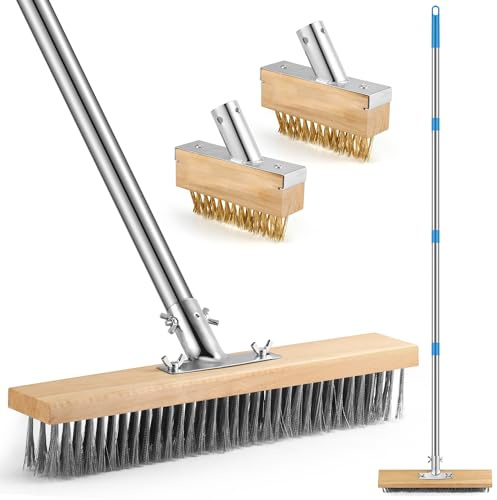 COZCLAM Lot de balais métalliques d'extérieur avec manche en acier inoxydable de 155 cm - Brosse de sol extra large de 35 cm et 2 brosses à joints pour terrasse, allée, jardin - Élimine la mousse, les