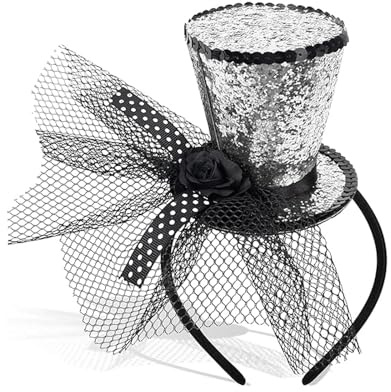 Myqiqi Mini topp hatt pannband med slöja, silver topp hatt fascinator cirkus kostym för kvinnor flicka festival halloween jul huvudbonad karneval, temafest, bal (silver)