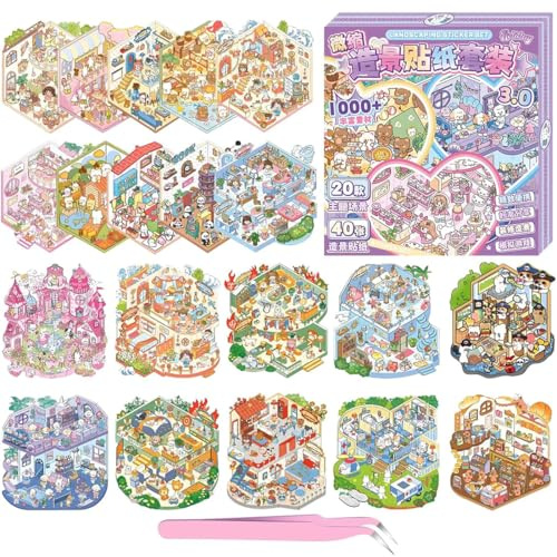 Lot de 20 autocollants de maison 3D à faire soi-même, livre de collection 3D, scène 3D, cabane miniature simulée jeu de scène, autocollants de dessin animé mignons pour adultes et enfants