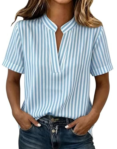 Blusa de manga corta a rayas para mujer, cuello en V, cuello de muesca, blusa de verano casual a rayas verticales, ajuste relajado