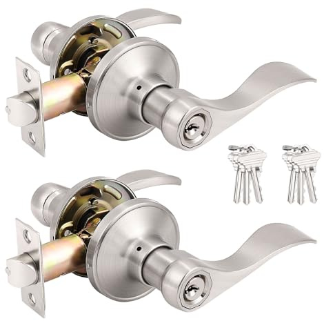 Probrico (2 Pack Wave Style Keyed Alike Entry Levers, Exterior Interior Satin Nickel Keyed Door Handles with Lock and Same Keys, Reversible for Right Left Handed Doors