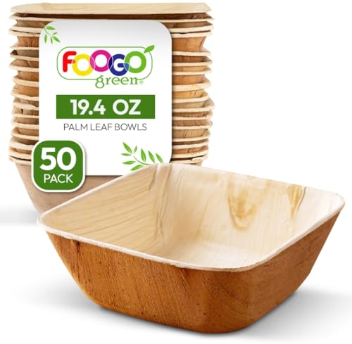 FOOGO Green 50pcs Disposable Palm Leaf Bowls, 5 (13cm) 19.4oz (550ml), for Soup, Desserts & Salad, Deep Square, Sturdy Eco Friendly Biodegradable, Bamboo, Wooden and Paper Bowls for Hot Food