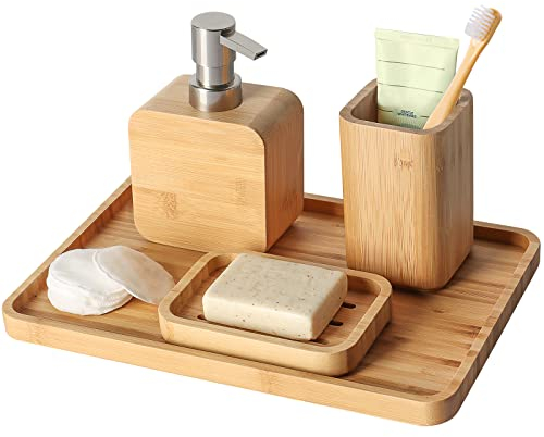 Asashizen 4-teiliges Retro handgefertigtes Bambus Badezimmer-Zubehör-Set, Badezimmer Set, Seifenschalenhalter für Dusche,Lotion-Seifenspender,Mundspülbecher,Spülbecher, Organizer-Tablett