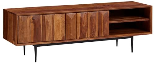 Finebuy Lowboard Sheesham Massivholz 123x42x35 cm TV-Kommode mit Zwei Türen, Design TV-Schrank Hoch, Fernsehtisch Fernsehschrank Modern, Fernsehkommode Wohnzimmer Braun