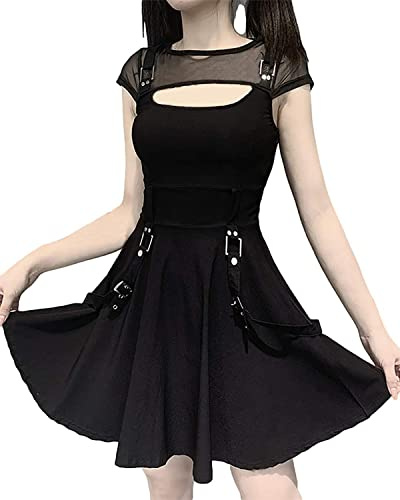 DINGJIUYAN Gothic Mini Dress Short Sleeve Lace Prom Punk Dress | Sexy,Slim Slip Dresses,Hollow Eyelet, Halloween Steampunk