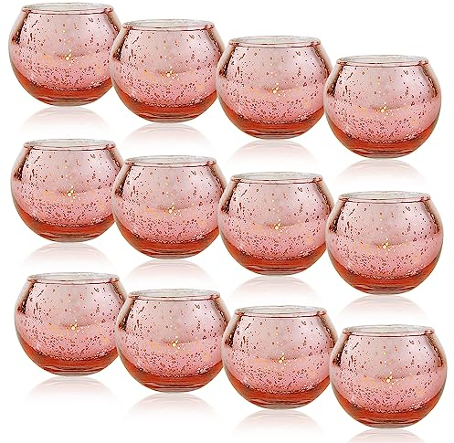 12 Pcs Photophore Verre Rond 5x5,5cm, Bougeoir Doré Rose Bleu Coloré Vintage avec Mouchetée, Porte Bougie Decoration Table, Supports Bougies Chauffe-Plat pour Votive Mariage Anniversaire Fête (Rose)