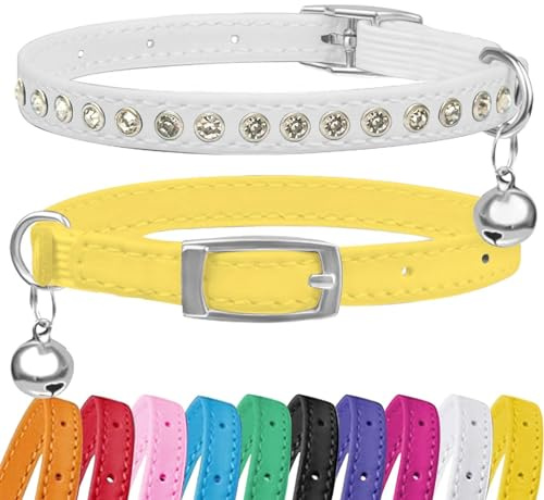 Petinstinct Collier pour Chat (Lot de 2) avec Clochette, Strass, Cuir PU et Sangle Élastique, Taille Réglable 19–29 cm, pour Chat ou Chaton, Jaune et Blanc