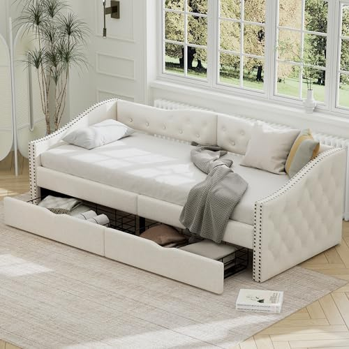 NNJN 90 * 200cm Sofabett, Tagesbett, Einzel-Tagesbett mit Schubladen, großer Stauraum (Beige)(Ohne Matratze)