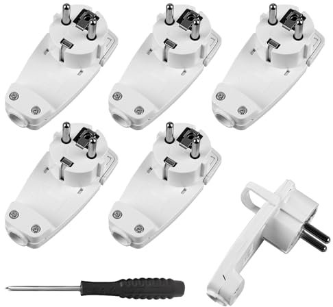 Lot de 6 Fiches Coudées Avec Contact de Protection - Extra Plate et Étanche - Européenne Avec Poignée Pliante et 1 Tournevis - Sans Câble - 2 Pôles (Blanc)