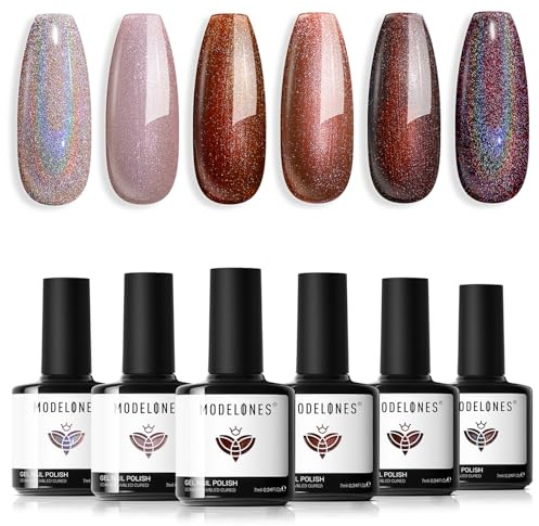Modelones UV Nagellack 6 Farben Glitzer Silber Braun Schwarz Gel Nagellack UV Nageldesign Sets Soak Off Gel Polish für Maniküre Nageldesign Herbst