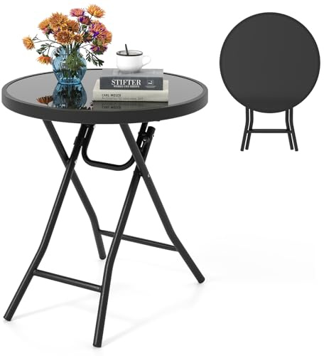 COSTWAY Mesa Auxiliar Plegable 46 x 48 cm, Mesa Jardin Exterior Redonda, Superficie de Vidrio Templado y Estructura Metálica, Mesa Baja Exterior Balcon Jardin (Negro)
