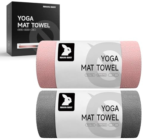 RollingBunny Yoga Mat Towel - Non-Slip Microfiber for Hot Yoga & Pilates | Super Absorbent, Lightweight & Machine Washable 72x25 (Pink + Gray)